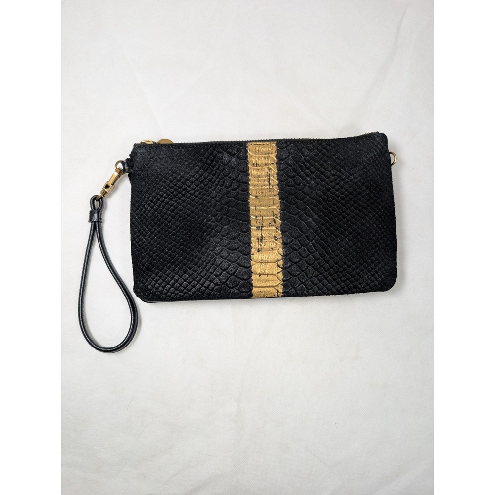 The Sak Wallet Purse Black With Gold Stripe And Pink Interior
